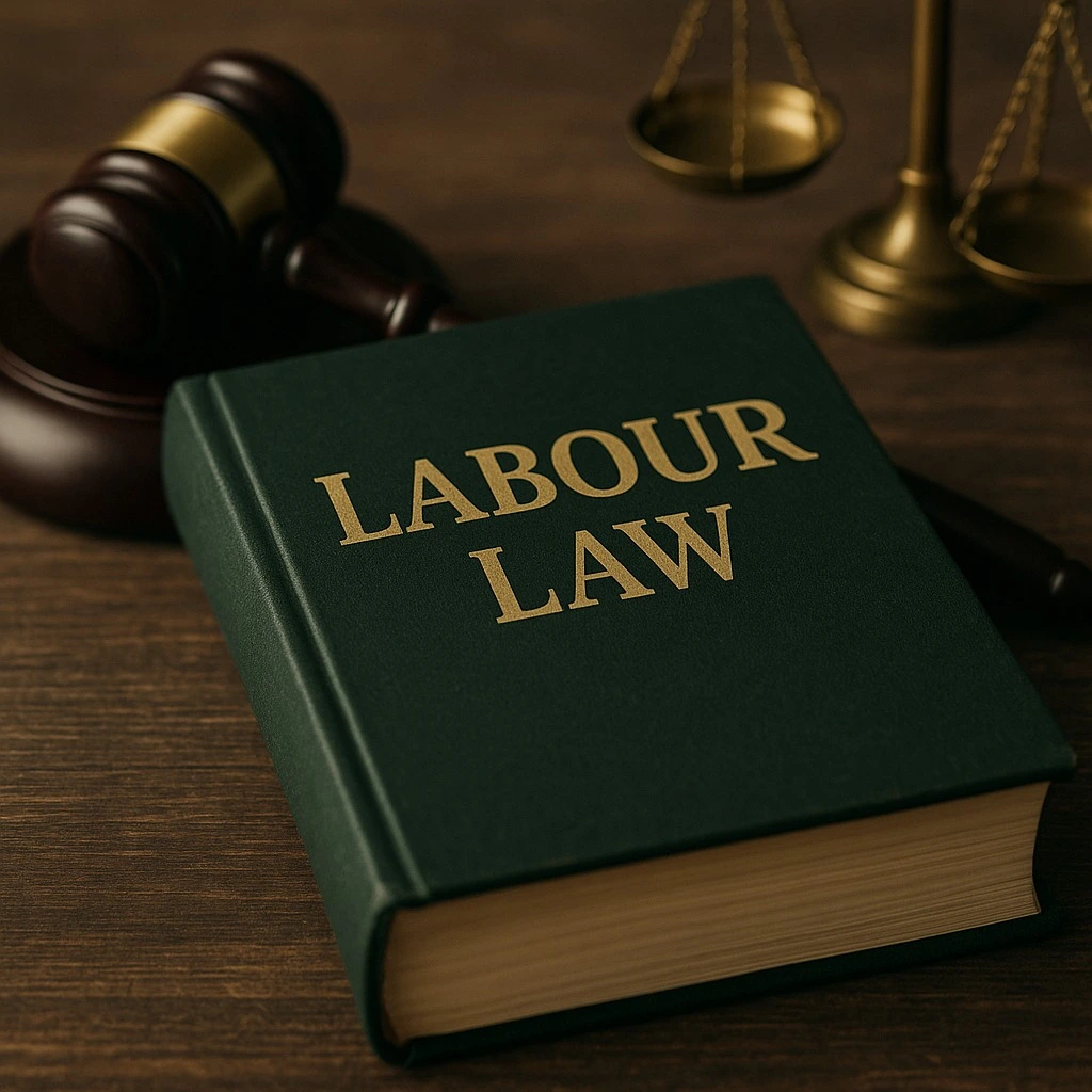 A green book titled 'Labour Law' placed beside a gavel and scales of justice, symbolizing legal protections and employment rights under labor regulations. 