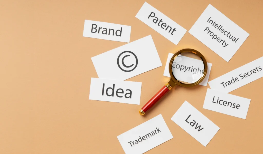 The illustration of patent, trademark, license, intellectual property, and more